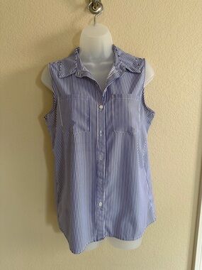 Notations Blue and White Striped Sleeveless Button-Up Blouse